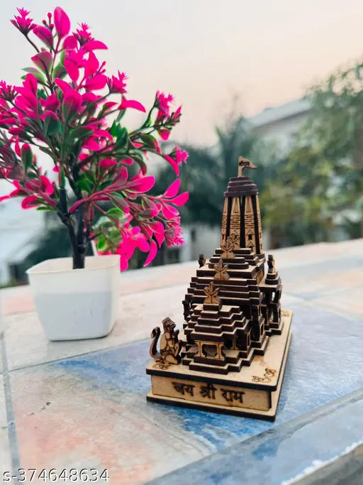 Wooden Shri Ram Mandir (Small) - Indian handcrafted wooden temple, ideal for home decor and pooja, brown color, perfect gift and decorative showpiece for car dashboard, 5cm x 9cm x 11cm