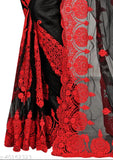 Fine quality net saree with embroidered solid satin blouse, Indian fashion statement for free size