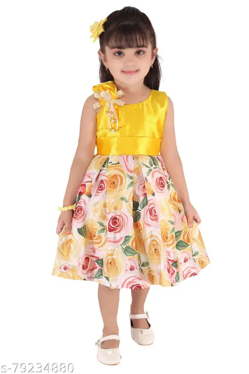Yellow floral satin strap bow dresses, short sleeves