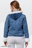 Solid denim women's self-design denim fur hood jacket, long sleeves, made in India
