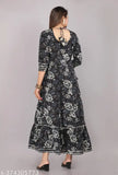 Multicolor embroidered anarkali kurta in cotton, three-quarter sleeves, vibrant Indian fashion on mannequin