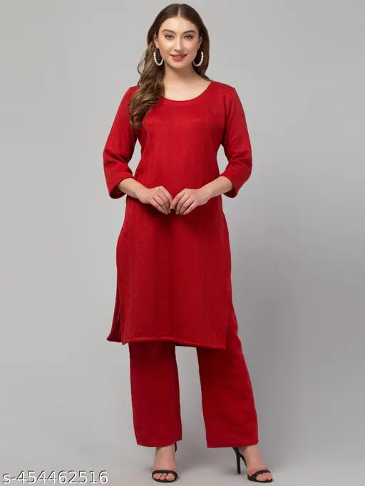Woolen kurta set with palazzos, hand-embroidered round neck, premium quality wool. Indian embroidery women's winter ethnic wear