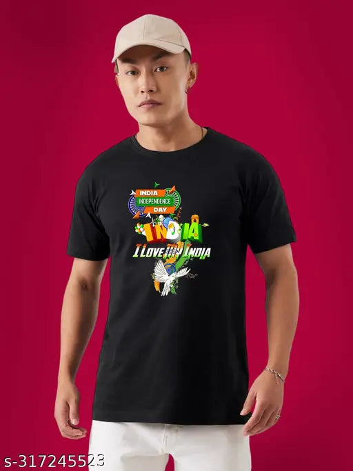 Black Men's cotton short-sleeved Independence Day T-shirt with printed design, featuring country of origin - India (M size: chest 37in, length 26.5in)