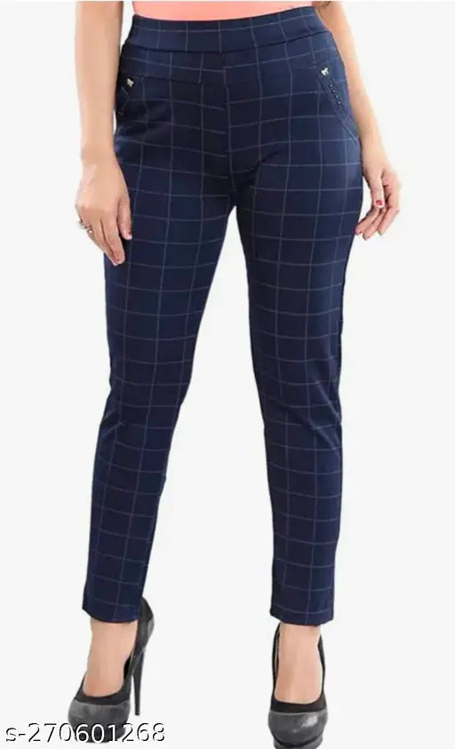 Stylish white and blue checkered Lycra jeggings combo for women's/girls, featuring double pockets for added convenience and comfort. Available in sizes 24-32 (waist 24-32, length 40in). Made in India