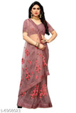 Indian net embroidered saree with unstitched blouse, floral thread and moti lace, ideal for festive or daily wear