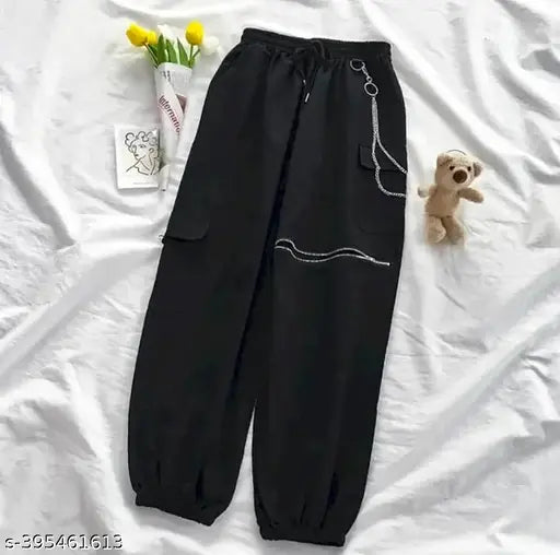 Black cotton women's cargo pants, side pockets, tie waist