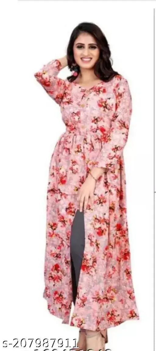 Pretty crepe kurti with printed combo, three-quarter sleeves. Indian ethnic wear for women in sizes XS-XXXL