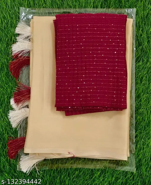 Cream chiffon saree with embroidery sequins blouse piece, lightweight and perfect for formal events