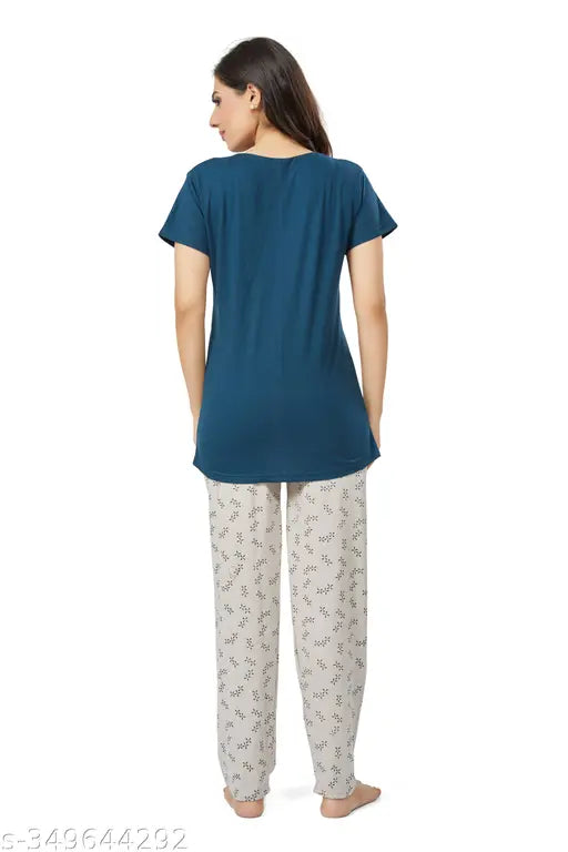 Red hosiery printed cotton regular fit nightsuit top & pajama set for women - Breathable, roomy, and feminine Indian sleepwear