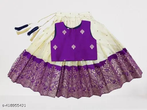Baby Girls Traditional Art Silk Pattu Pavadai Lehenga Choli, sleeveless, solid pattern, jacquard silk with cotton inner, ready-to-wear, full stitched, drawstring available, handcrafted by GEN_NEXT team from India