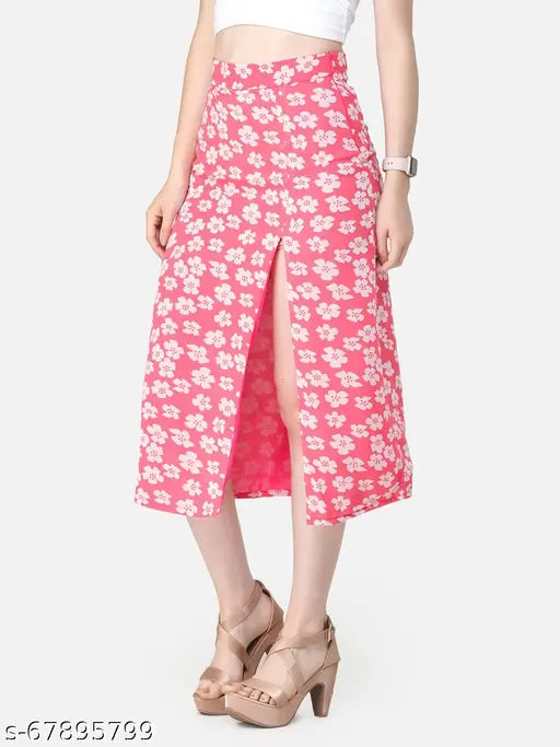 Pink printed front slit skirt
