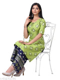 Rayon floral printed kurti set with plazo, three-quarter sleeves, Indian women's traditional wear on mannequin