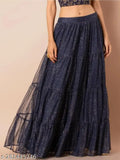 Gold-printed maxi skirt in navy with flared design, 45in length, unstitched fabric