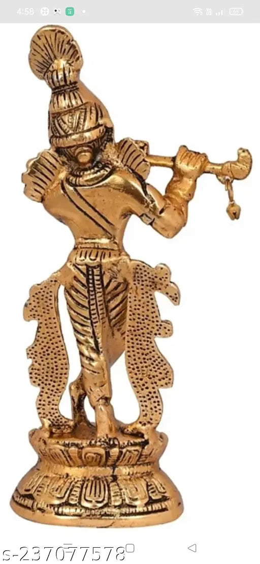 Metal Krishna idol playing flute for home decoration, temple use, and gifting, 10cm x 6cm x 23cm size, handcrafted in India
