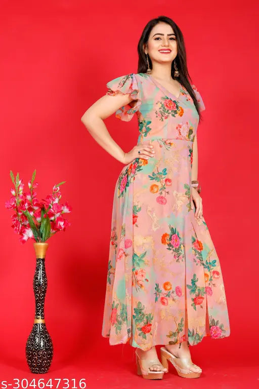 Printed Georgette one-piece fancy women's kurti, V-neck, short flared sleeves, flower digital print