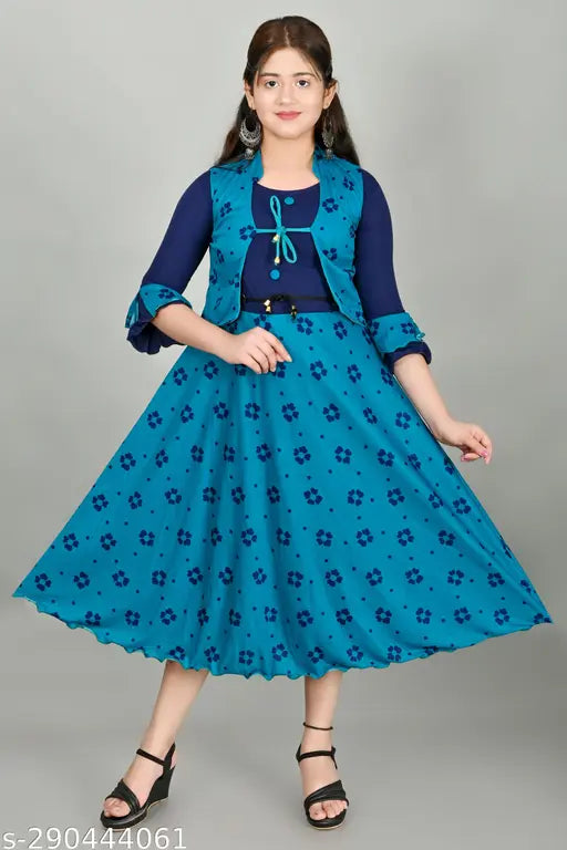 Sky blue patterned long frock, elbow length sleeves, button closure