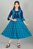 Sky blue patterned long frock, elbow length sleeves, button closure