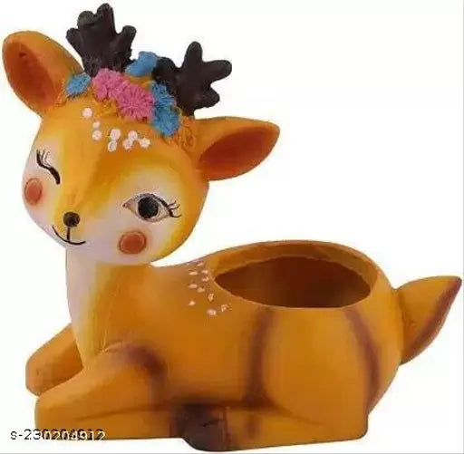 Unique handcrafted unpainted resin sitting deer planter. Vintage-style, ceramic-look plant container. Unusual home decor return gift. Pen holder for desk office