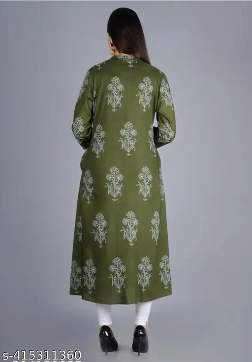 Rayon women's high slit Aline kurti-like gown with printed combo, three-quarter sleeves, pocket detail. Available sizes S-XXXL. Made in India