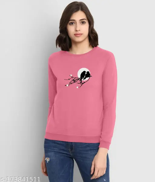 Pink full-sleeve printed round neck t-shirt for women with a back print