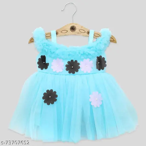 Blue cotton knee-length dress, flower embellishments, for baby girl, 0-6 months