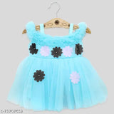 Blue cotton knee-length dress, flower embellishments, for baby girl, 0-6 months