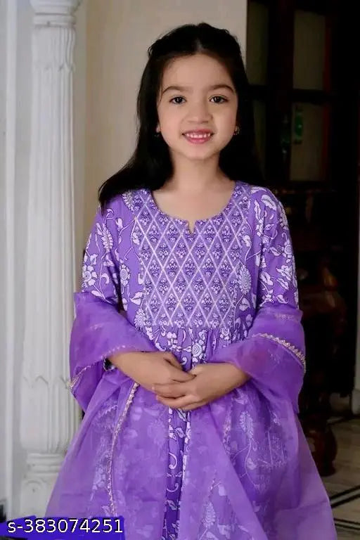 Lavender rayon girls set: Kurta with dupatta and bottomwear for 5-13 years old Indian fashion