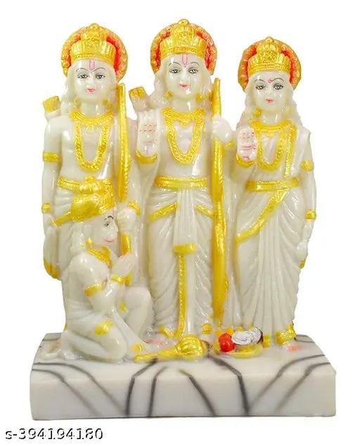 White gold Poly Resin Ram Darbar idol set (4 pieces) featuring Ram, Sita, Lakshmana, Hanuman for home or office decoration