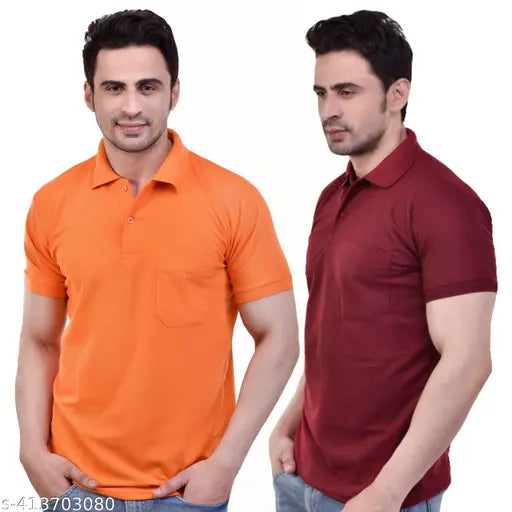 Multicolor maroon and orange half-sleeve polo t-shirts for men, polycotton, regular fit, collar with pocket, comfortable chest pocket, suitable for multiple occasions, made in India