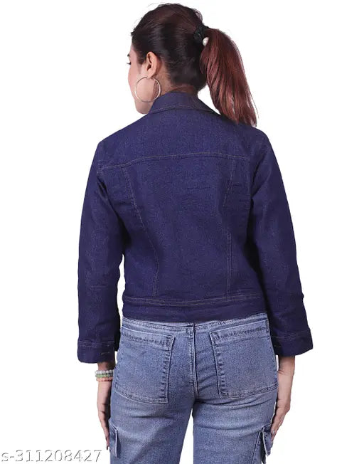 Dark blue denim women's jacket, long sleeves, solid pattern, size options: S-XL