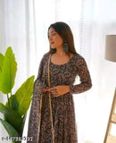 Georgette printed net long-sleeved gown for women, Indian women's fashion on mannequin