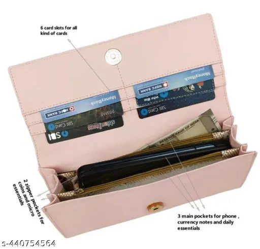 Pink wallet with black credit cards and coins, featuring multiple card slots