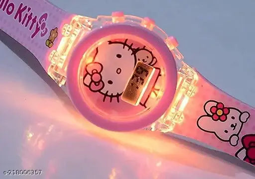 Black plastic kids watch with disco glowing lights, Hello Kitty character design