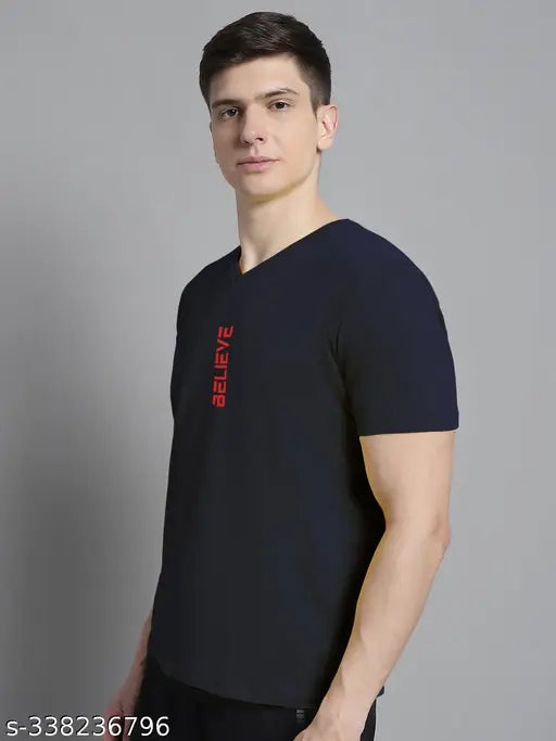 Navy blue cotton V-neck, men's regular fit half-sleeve t-shirt by FBAR