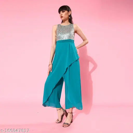 Purple Georgette embellished jumpsuit by Miss Chase, sleeveless with turquoise embellishments and side pockets, XS-XL sizes available