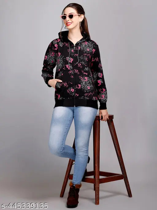 Fleece blend winter hoodie sweatshirt with pockets, cozy fleece fabric for women, printed design on large size, made in India
