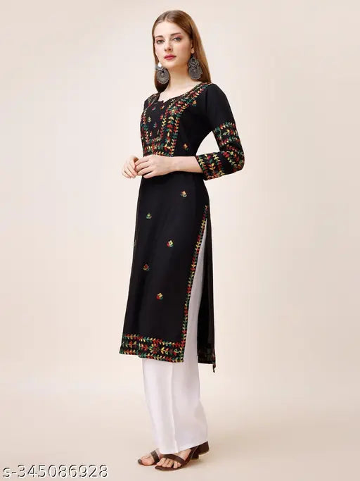 Black A-line floral embroidered rayon kurta & plazzo set, traditional Indian women's wear featuring Chikankari embroidery