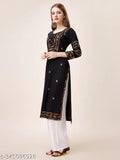 Black A-line floral embroidered rayon kurta & plazzo set, traditional Indian women's wear featuring Chikankari embroidery