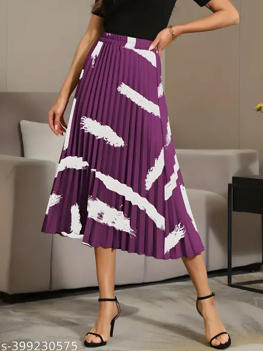 Purple brush print pleated midi skirt, vintage elastic waist