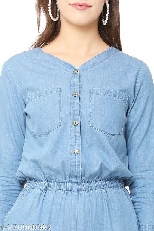 Stylish solid denim women's jumpsuit, three-quarter sleeves, India-made denim apparel