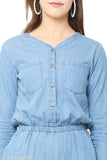 Stylish solid denim women's jumpsuit, three-quarter sleeves, India-made denim apparel