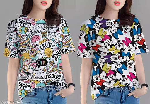 Oversized women's t-shirt set with colorful and cartoon designs