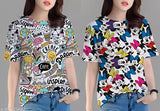 Oversized women's t-shirt set with colorful and cartoon designs