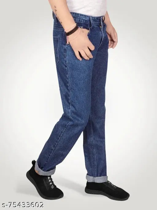 Just black men's straight dark blue jeans - cotton, regular fit, non-stretchable, solid pattern. Men's sizes: 32, 34, 36, 38, 40, 42, 44, 46, 48 (in). India origin