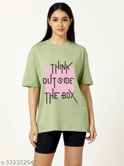 Oversized tee in bright green fabric, loose fit, printed with finky text