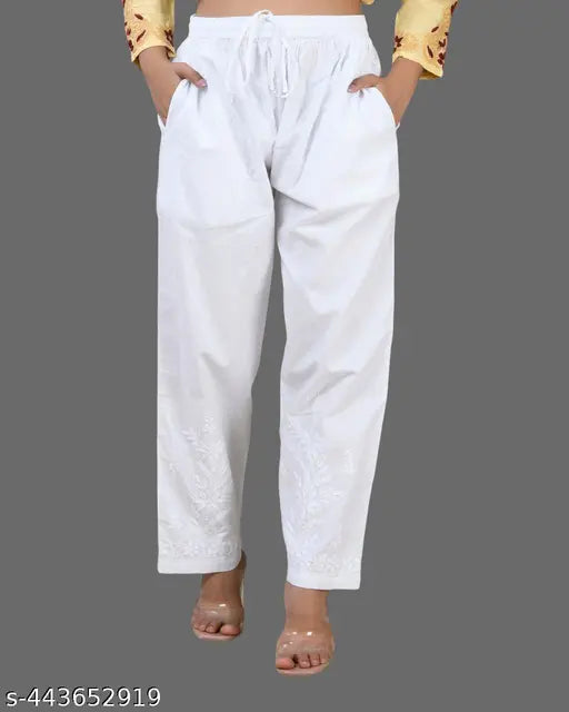 Chikankari cotton palazzo pants for women, white with intricate chikankari embroidery and lacework. Beautiful, stitched salwar in S-10XL sizes from India