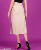 Tan long skirt with high waist and two side slits, featuring a belted waistband