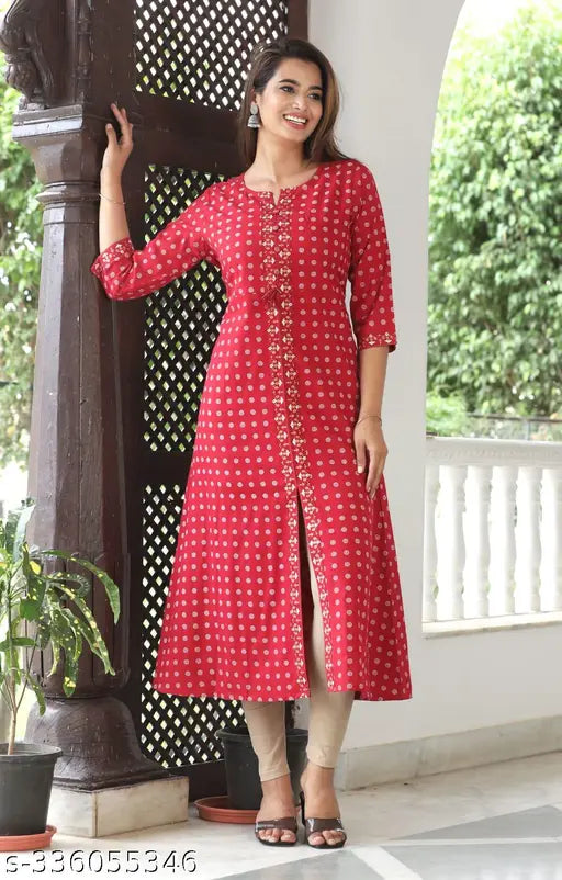 Printed rayon A-line dress with three-quarter sleeves, vibrant Indian print