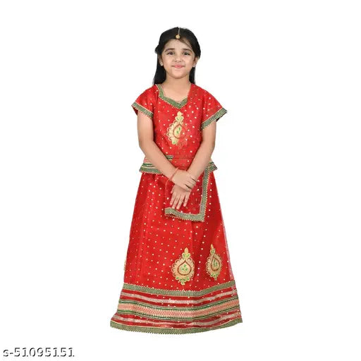 Multicolor net lehenga top and dupatta set for kids Navratri Dandiya dance, embellished design on Indian folk dress