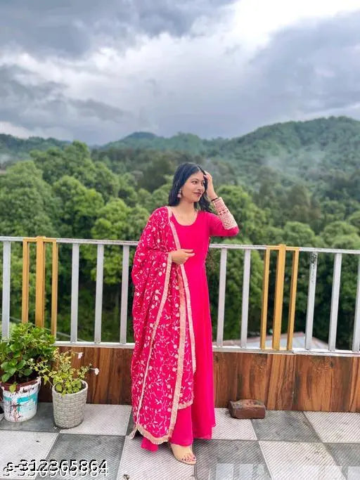 Pure Fox Georgette Gown, trendy sleeves pattern, long sleeves, fancy sequence and jari work, ready-to-wear, micro cotton inner and dupatta